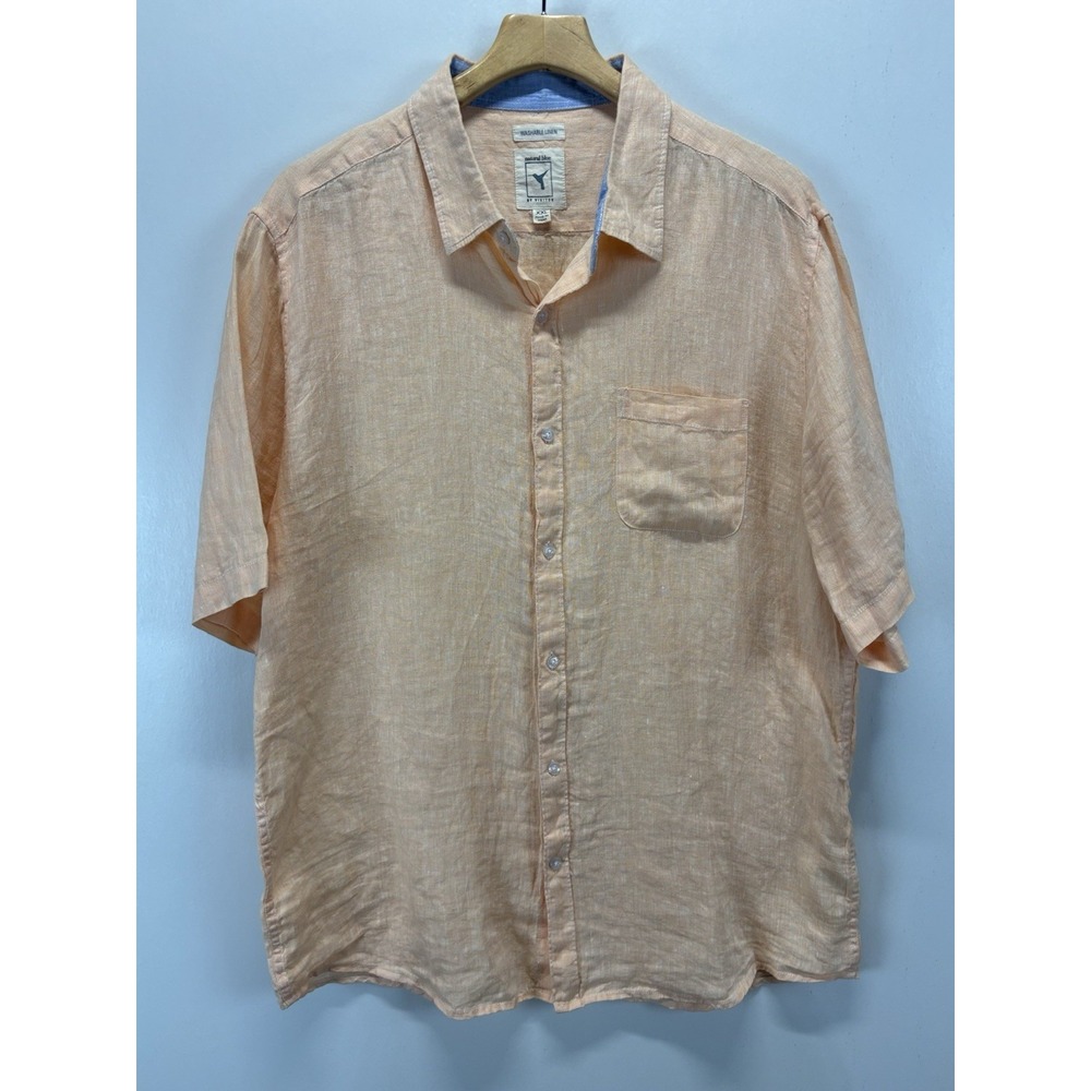 Visitor 100% Linen Men's Shirt Pocket Light Orange Sz XXL 2XL Beach Vacation